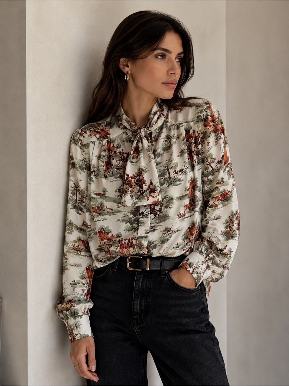 Vintage Alfred Dunner Fox Horse Equestrian Print Blouse Neck Bow Tie S M